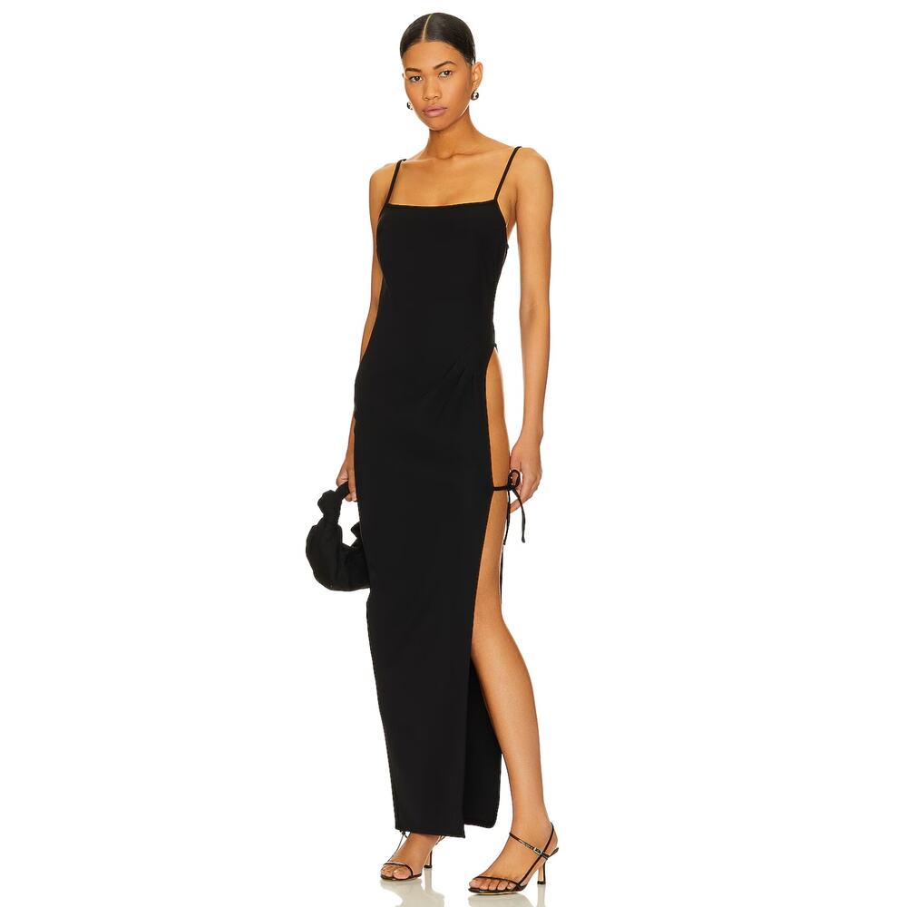 NBD Lysander Gown Black Dress Pleated Stretch Open Side Slit Sleeveless Sz S